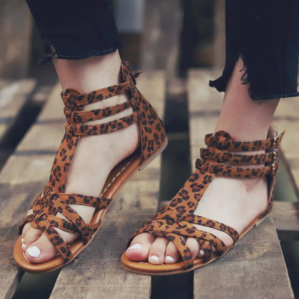 Vogue Summer Women's Snake Leopard Shoes Round Toe Bohemian Flat Sandals Buty Damskie Sandalias