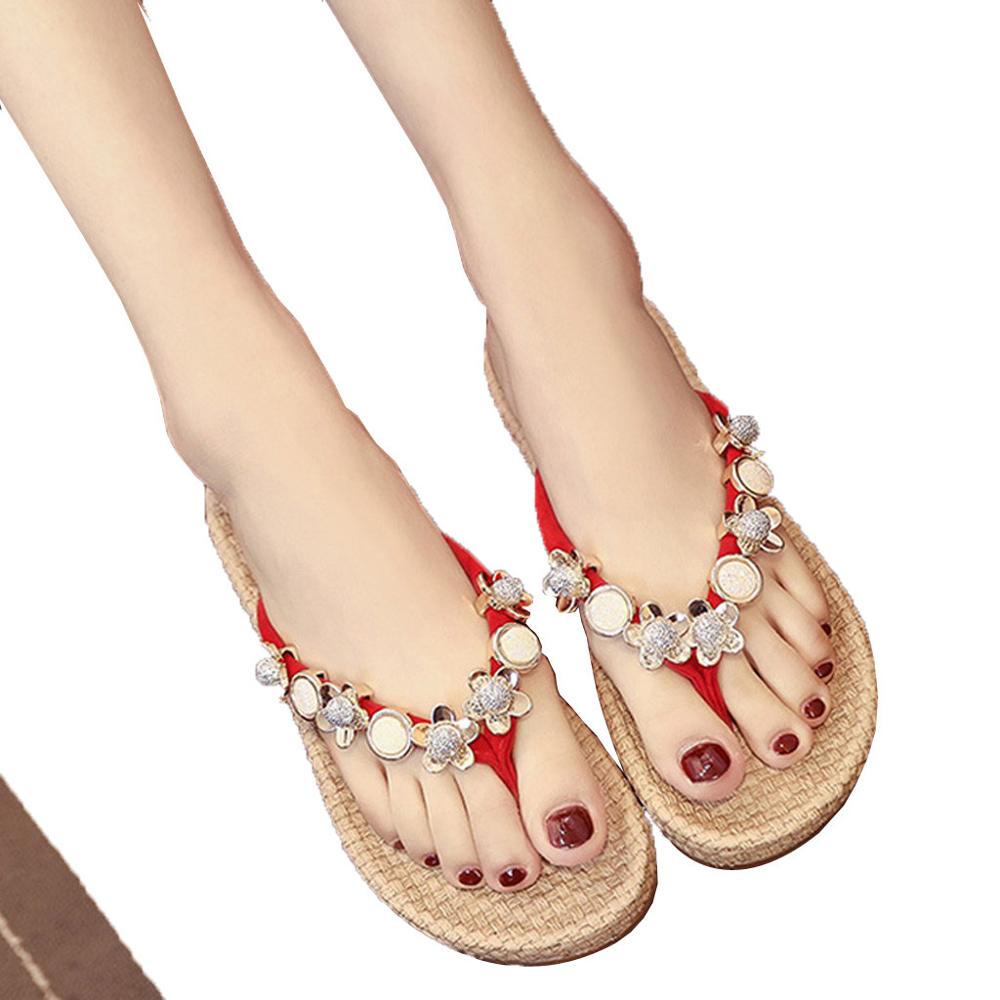 Fashion Women's Summer Shiny Crystal Flat Sandals Bohemian Sandal Shoes Woman Flock Footwear Tongs