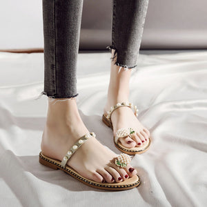 Women Summer Bohemian Pearl Round Toe Beach Sandals Shoes Platform Flat Sandals Sandalias Tongs Femme