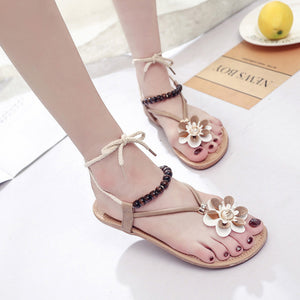 Women Summer Bohemian Flower Round Toe Sandals Shoes Beaded Straps Flat Sandals Sandalias Tongs