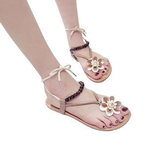 Women Summer Bohemian Flower Round Toe Sandals Shoes Beaded Straps Flat Sandals Sandalias Tongs