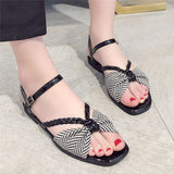 Round Toe Women Flat Sandals Striped Bows Open Toe Bohemian Sandals Casual Summer Shoes Zapatos