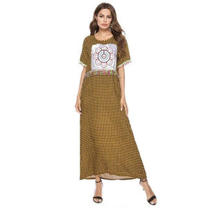 2019 Summer Plaid Bohemian Maxi Dress Tassel Patchwork Short Sleeve Muslim Abaya Islamic Dubai Arab Morocco Robe Women VKDR1550