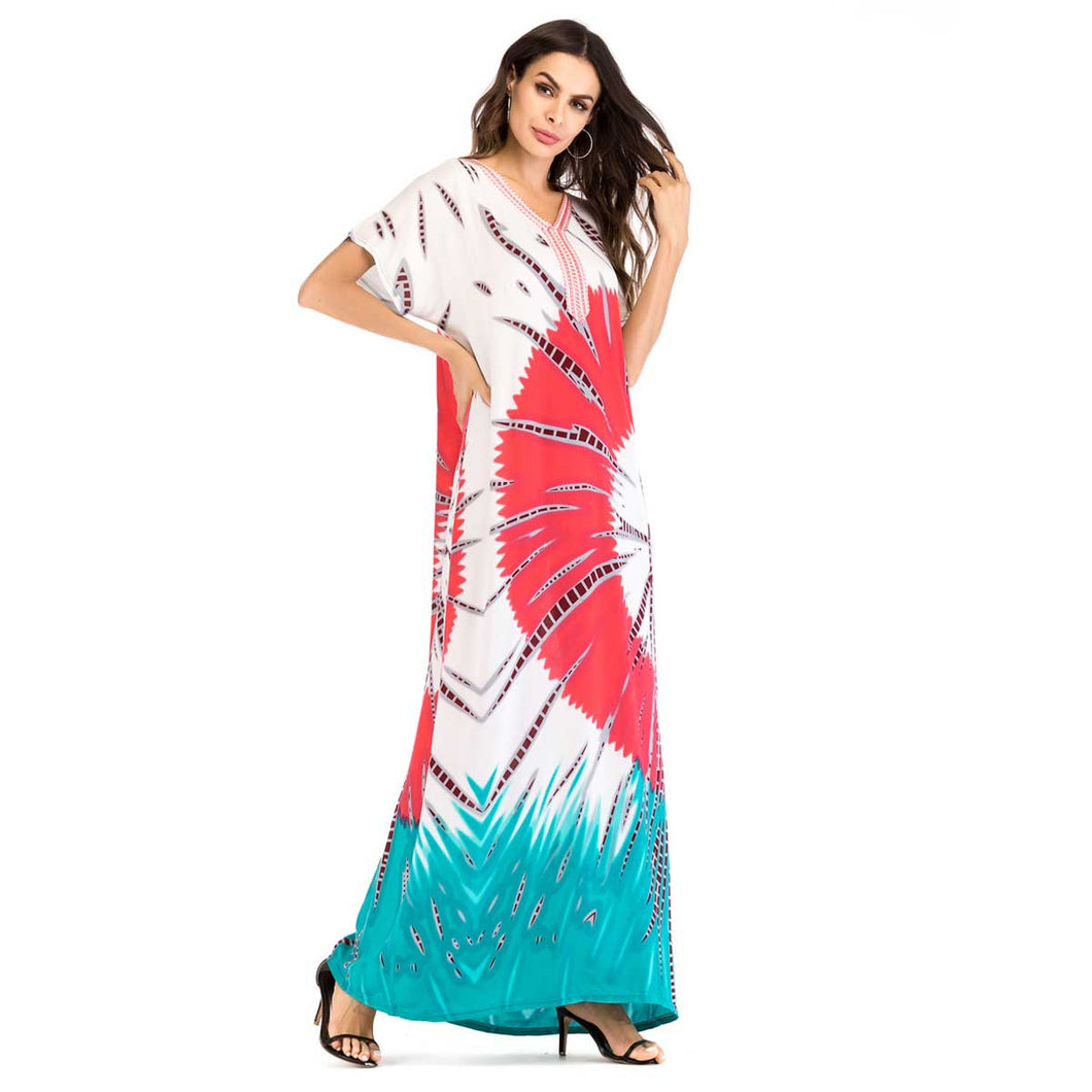 2019 Summer Women Ethnic Print Long Dress Bohemian Urban Muslim Abaya Plus Size Islamic Dubai Arab Ramadan Morocco Robe VKDR1544