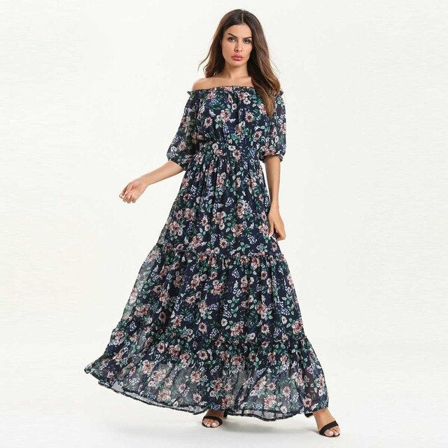 2019 Summer Slash Neck Printed Bohemian Maxi Dress Lining Inside Lace Up Muslim Abaya Islamic Dubai Arabic Morocco Robe VKDR1547