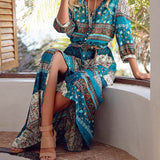 2019 new Bohemian printing long dress women maxi long dress floral print retro hippie vestidos chic brand clothing boho dress