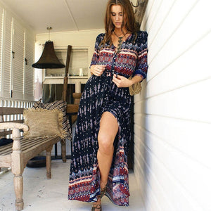 2019 new Bohemian printing long dress women maxi long dress floral print retro hippie vestidos chic brand clothing boho dress