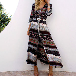 2019 new Bohemian printing long dress women maxi long dress floral print retro hippie vestidos chic brand clothing boho dress