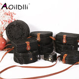 Black Round Rattan Bags For Women Straw Handmade Woven Circle Shoulder Bag