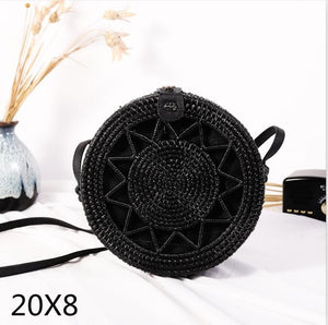 Black Round Rattan Bags For Women Straw Handmade Woven Circle Shoulder Bag