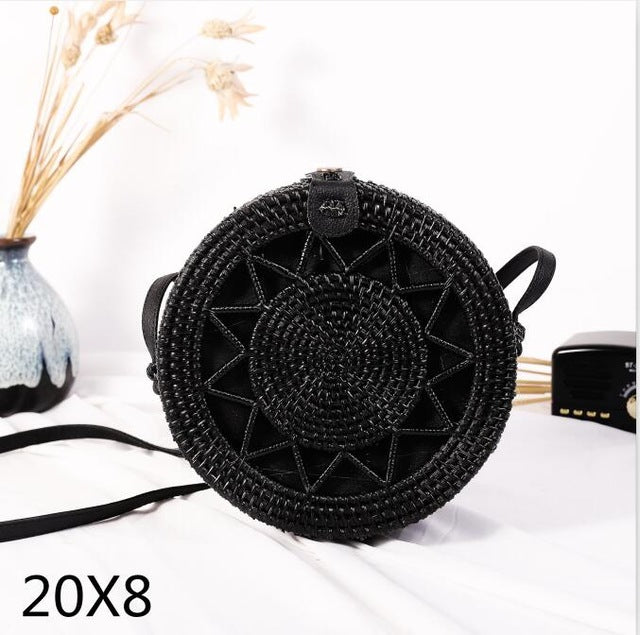 Black Round Rattan Bags For Women Straw Handmade Woven Circle Shoulder Bag