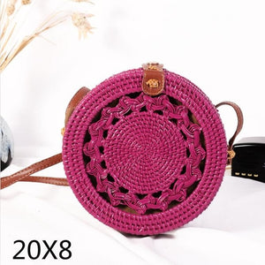 Black Round Rattan Bags For Women Straw Handmade Woven Circle Shoulder Bag