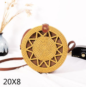 Black Round Rattan Bags For Women Straw Handmade Woven Circle Shoulder Bag