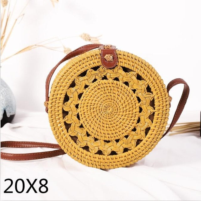 Black Round Rattan Bags For Women Straw Handmade Woven Circle Shoulder Bag