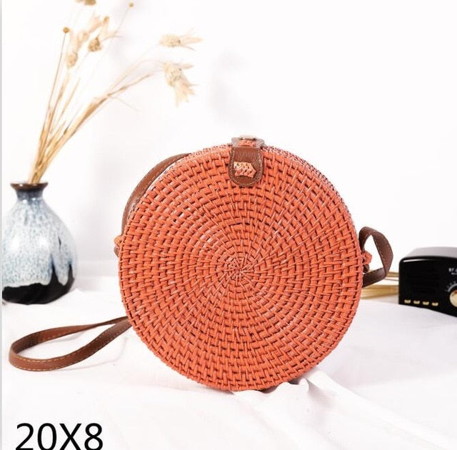 Black Round Rattan Bags For Women Straw Handmade Woven Circle Shoulder Bag