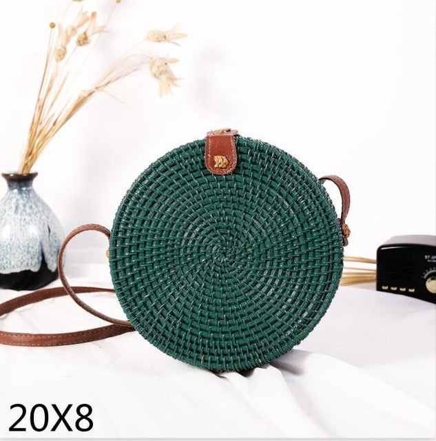 Black Round Rattan Bags For Women Straw Handmade Woven Circle Shoulder Bag