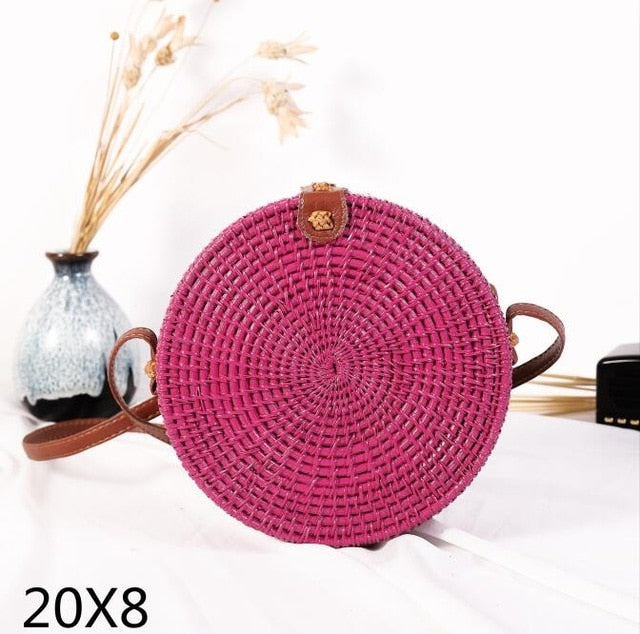 Black Round Rattan Bags For Women Straw Handmade Woven Circle Shoulder Bag