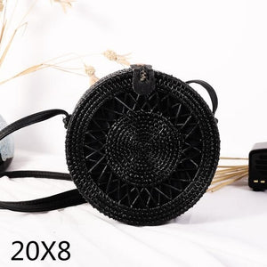 Black Round Rattan Bags For Women Straw Handmade Woven Circle Shoulder Bag