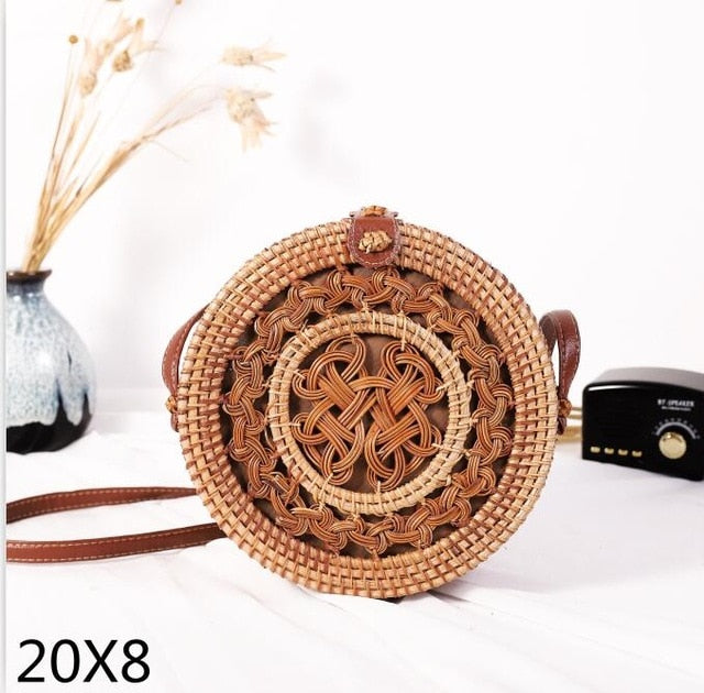 Black Round Rattan Bags For Women Straw Handmade Woven Circle Shoulder Bag