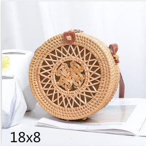 Black Round Rattan Bags For Women Straw Handmade Woven Circle Shoulder Bag