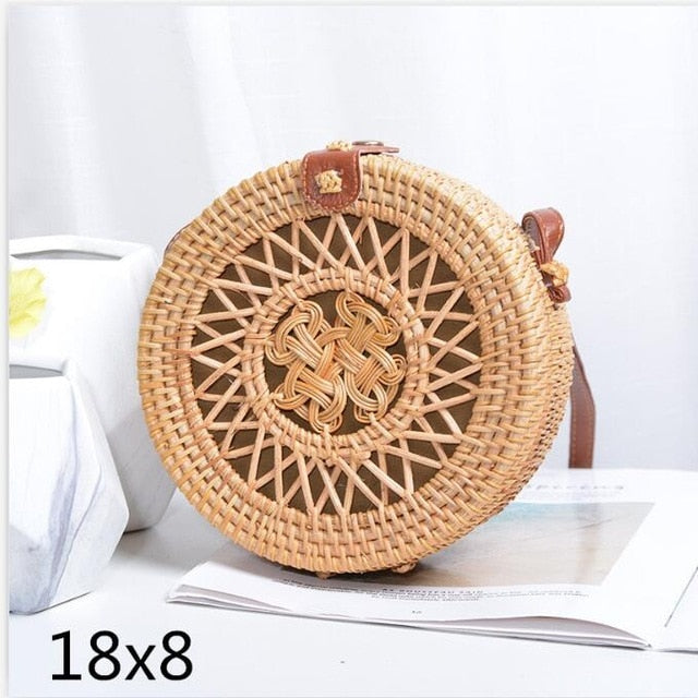 Black Round Rattan Bags For Women Straw Handmade Woven Circle Shoulder Bag