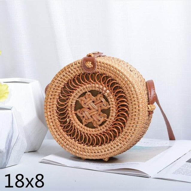 Black Round Rattan Bags For Women Straw Handmade Woven Circle Shoulder Bag