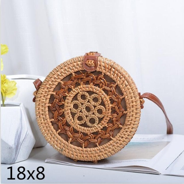 Black Round Rattan Bags For Women Straw Handmade Woven Circle Shoulder Bag