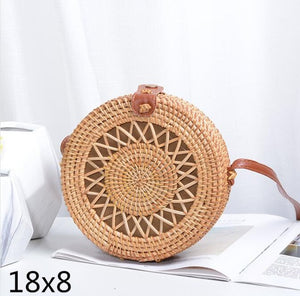 Black Round Rattan Bags For Women Straw Handmade Woven Circle Shoulder Bag