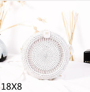 Black Round Rattan Bags For Women Straw Handmade Woven Circle Shoulder Bag