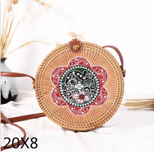 Black Round Rattan Bags For Women Straw Handmade Woven Circle Shoulder Bag