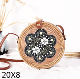 Black Round Rattan Bags For Women Straw Handmade Woven Circle Shoulder Bag